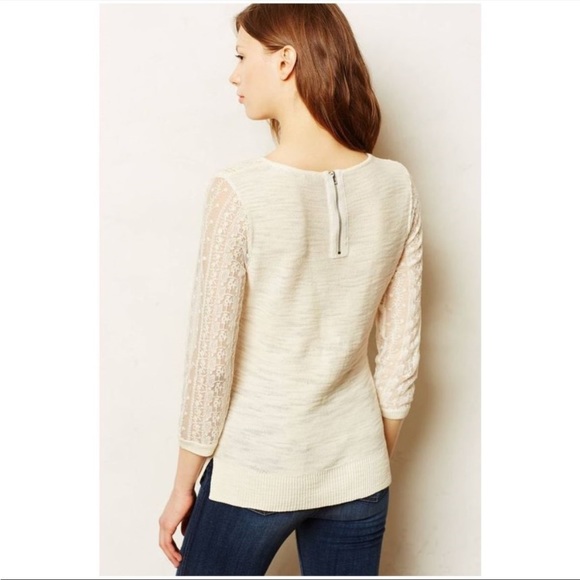 Anthropologie Knitted Knotted Surrey Pullover Top Ivory Lace Size M Casual Cozy - Picture 2 of 10